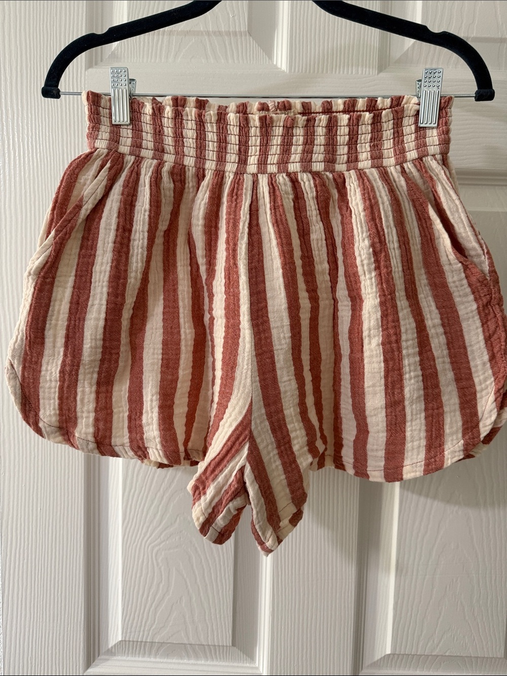 Marine Layer Rust and Cream Striped High-Waist Shorts